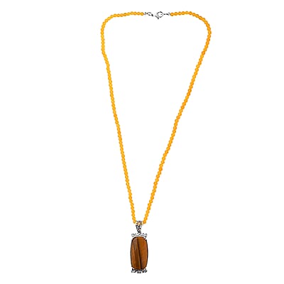 Karis Tiger's Eye Pendant with Yellow Quartzite Beaded Necklace 20 Inches in Platinum Bond 55.25 ctw