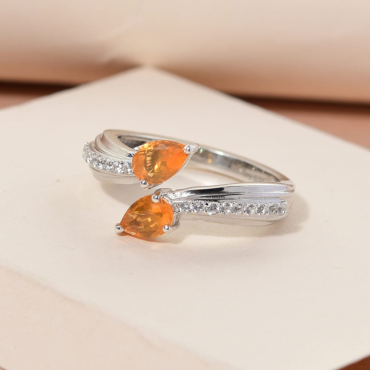 Jalisco Fire Opal and White Zircon Bypass Ring in Platinum Over Sterling Silver (Size 7.0) 0.75 ctw image number 1