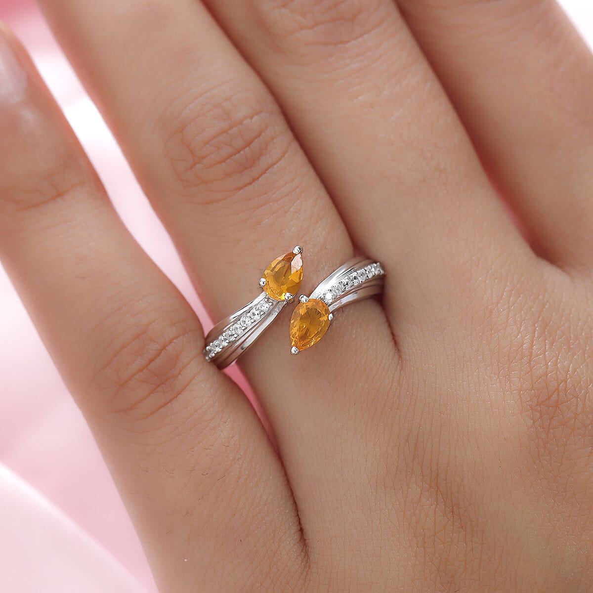 Jalisco Fire Opal and White Zircon Bypass Ring in Platinum Over Sterling Silver (Size 7.0) 0.75 ctw image number 2