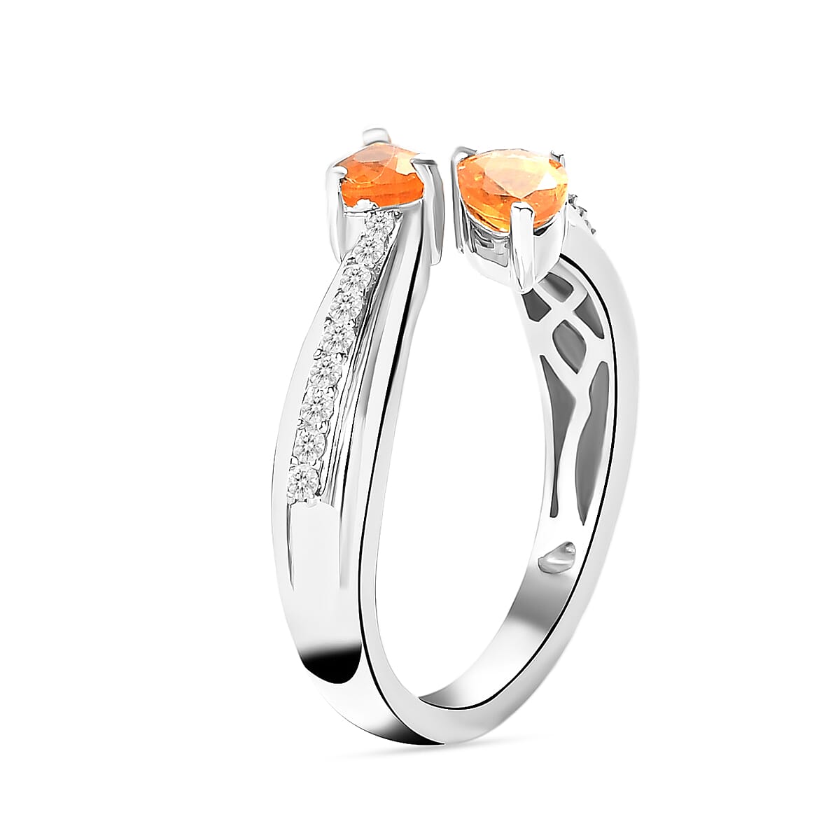 Jalisco Fire Opal and White Zircon Bypass Ring in Platinum Over Sterling Silver (Size 7.0) 0.75 ctw image number 3