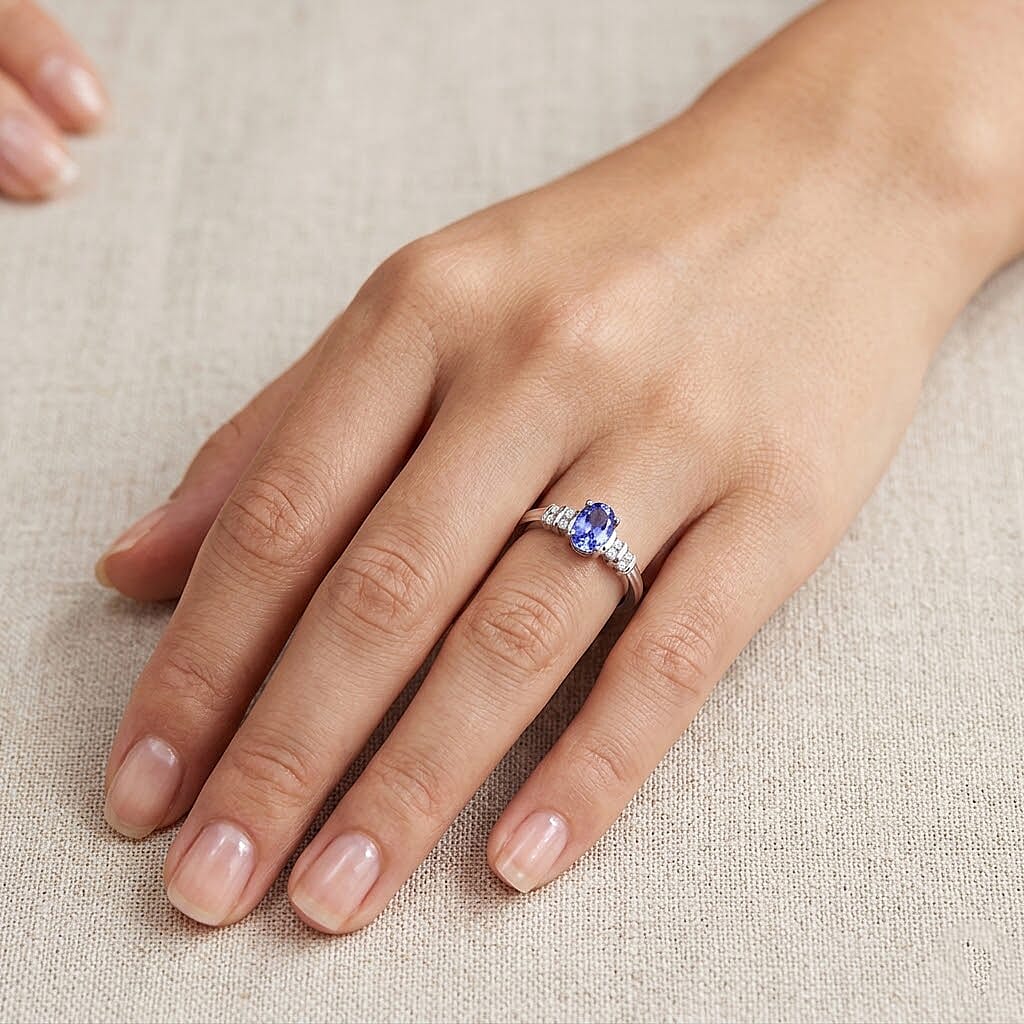 Tanzanite and White Zircon 0.60 ctw Ring in Platinum Over Sterling Silver (Size 10.0)