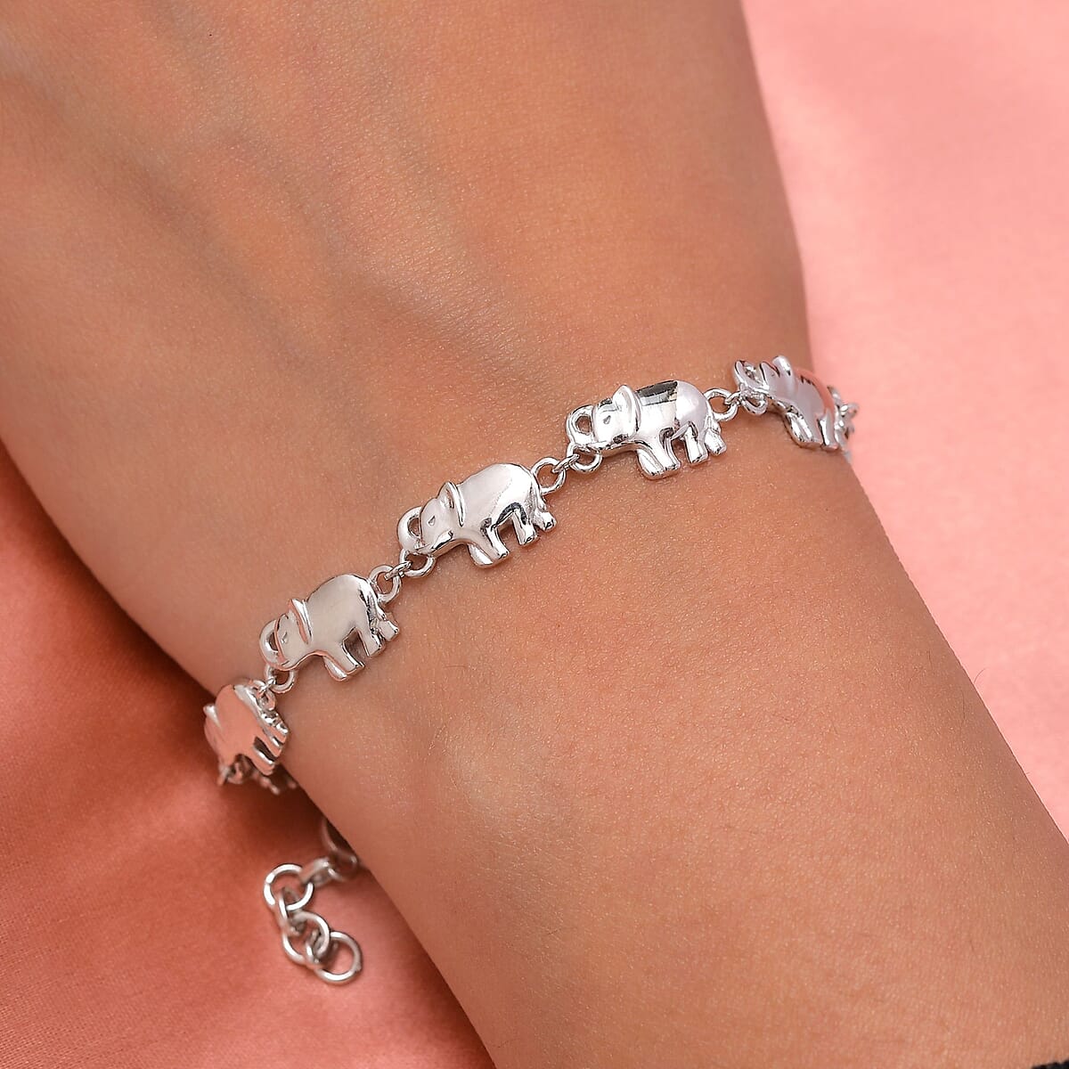 Platinum Over Sterling Silver Elephant Bracelet (8.00 In) 10.15 Grams image number 1