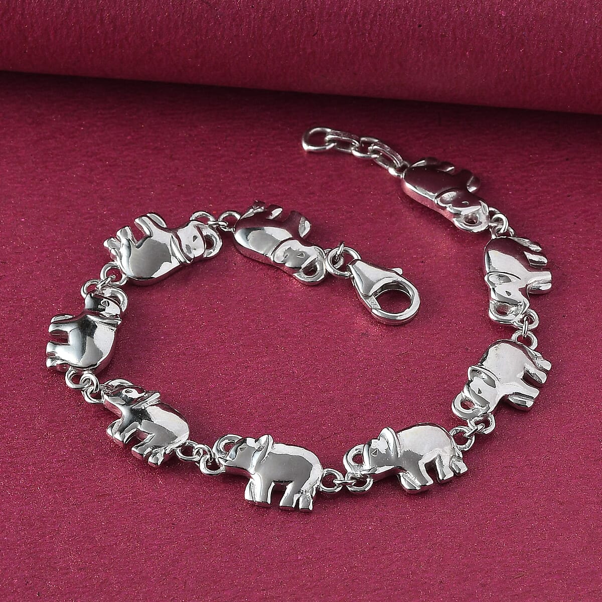 Platinum Over Sterling Silver Elephant Bracelet (8.00 In) 10.15 Grams image number 3