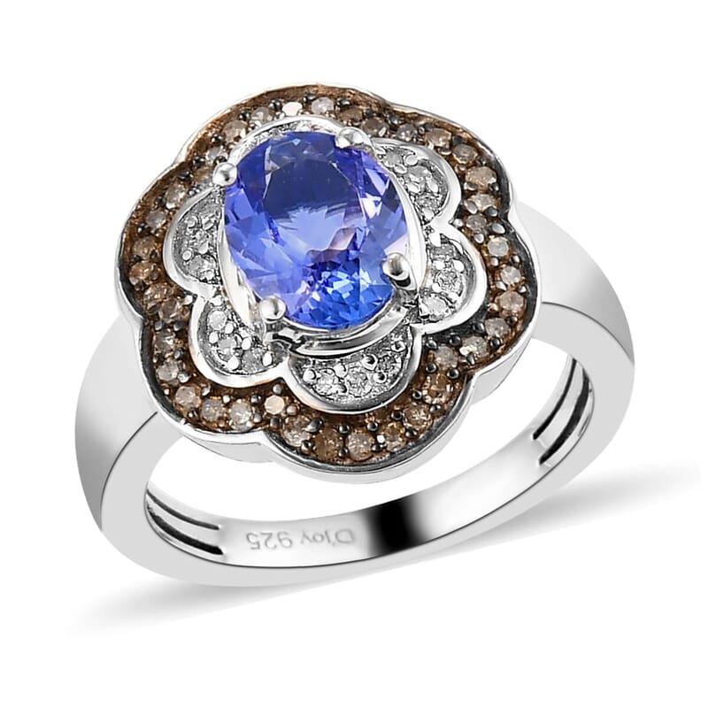 Tanzanite, Natural Champagne & White Diamond Floral Ring in Platinum Over Sterling Silver (Size 10.0) 1.40 ctw