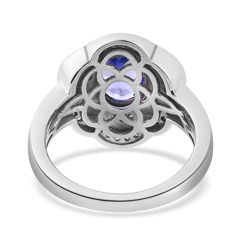 Tanzanite, Natural Champagne & White Diamond Floral Ring in Platinum Over Sterling Silver (Size 10.0) 1.40 ctw
