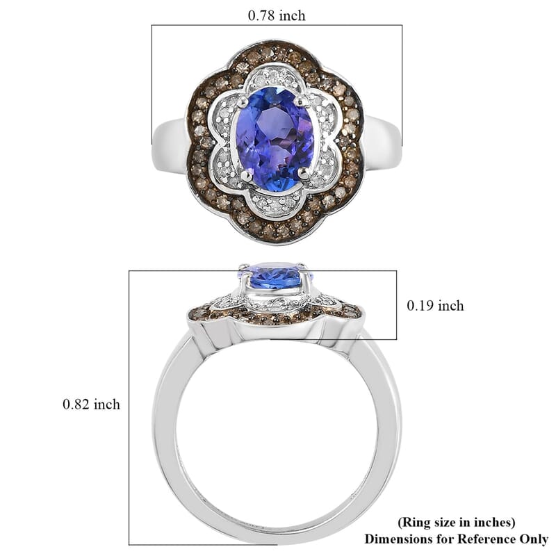 Tanzanite, Natural Champagne & White Diamond Floral Ring in Platinum Over Sterling Silver (Size 10.0) 1.40 ctw