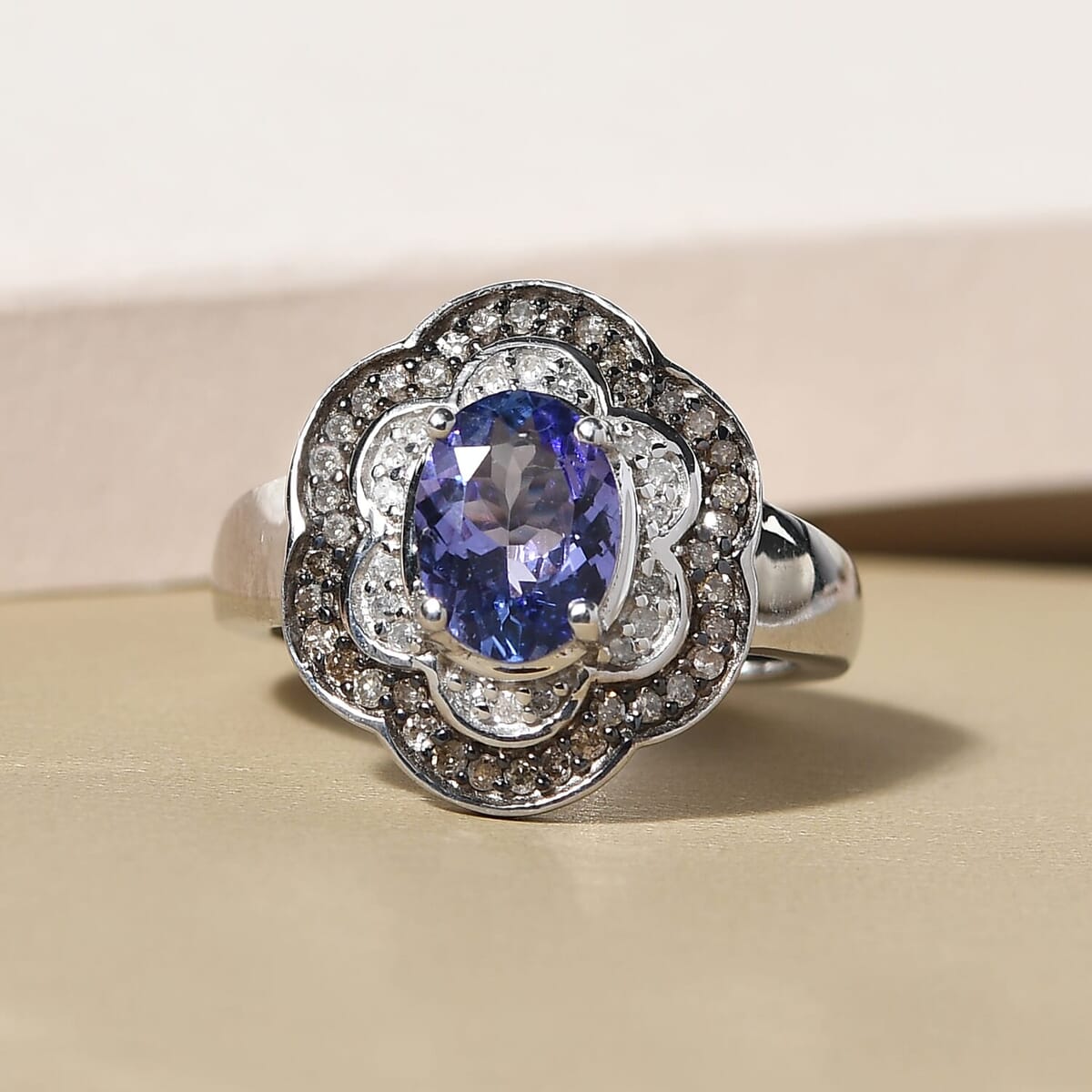 Tanzanite, Natural Champagne & White Diamond Floral Ring in Platinum Over Sterling Silver (Size 6.0) 1.40 ctw image number 1