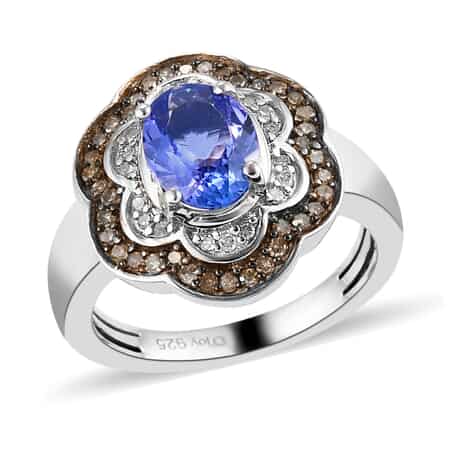Tanzanite, Natural Champagne & White Diamond Floral Ring in Platinum Over Sterling Silver (Size 7.0) 1.40 ctw image number 0