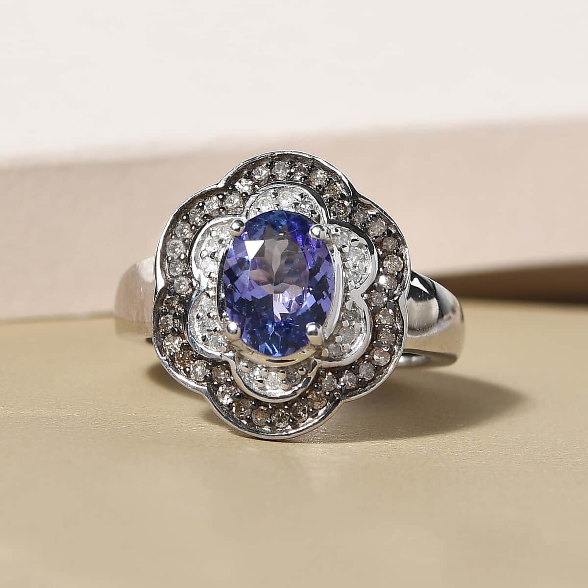 Tanzanite, Natural Champagne & White Diamond Floral Ring in Platinum Over Sterling Silver (Size 7.0) 1.40 ctw image number 1