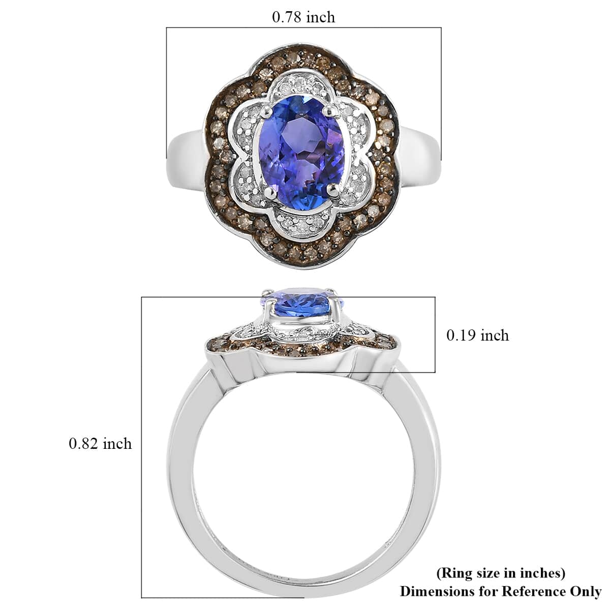 Tanzanite, Natural Champagne & White Diamond Floral Ring in Platinum Over Sterling Silver (Size 7.0) 1.40 ctw image number 5