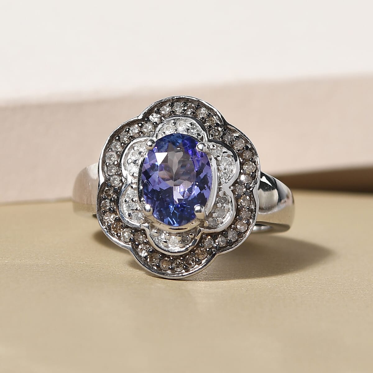 Tanzanite, Natural Champagne & White Diamond Floral Ring in Platinum Over Sterling Silver (Size 8.0) 1.40 ctw image number 1