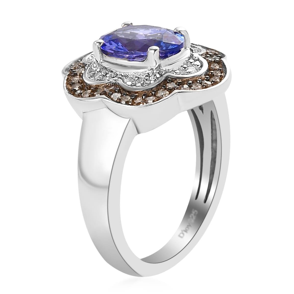 Tanzanite, Natural Champagne & White Diamond Floral Ring in Platinum Over Sterling Silver (Size 9.0) 1.40 ctw image number 3