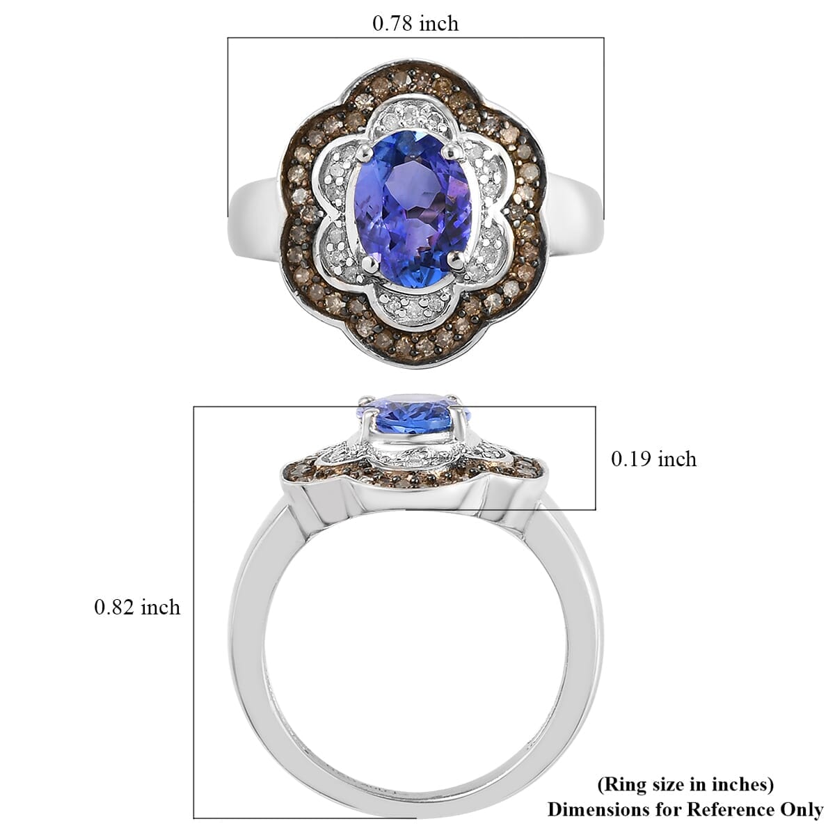 Tanzanite, Natural Champagne & White Diamond Floral Ring in Platinum Over Sterling Silver (Size 9.0) 1.40 ctw image number 5