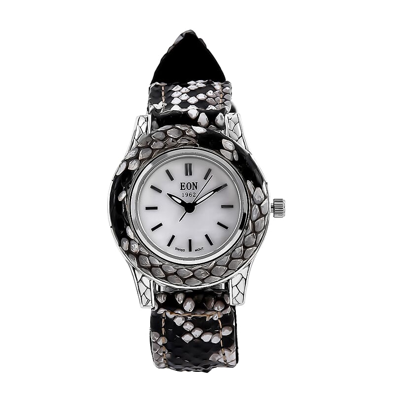 Bali Legacy Eon 1962 Swiss Movement Sterling Silver Watch with Natural Gray 100% Genuine Python Leather Strap, Leather Watch, Women Watch, Quartz Watch, Ladies Watch
