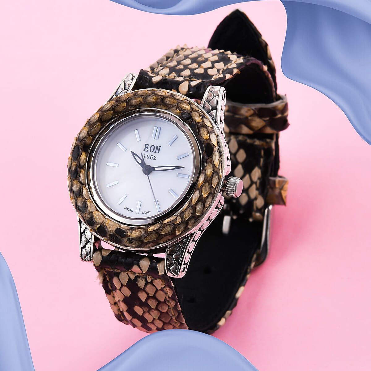 Bali Legacy Eon 1962 Swiss Movement Sterling Silver Watch with Brown 100% Genuine Python Leather Strap, Leather Watch, Women Watch, Quartz Watch, Ladies Watch image number 1