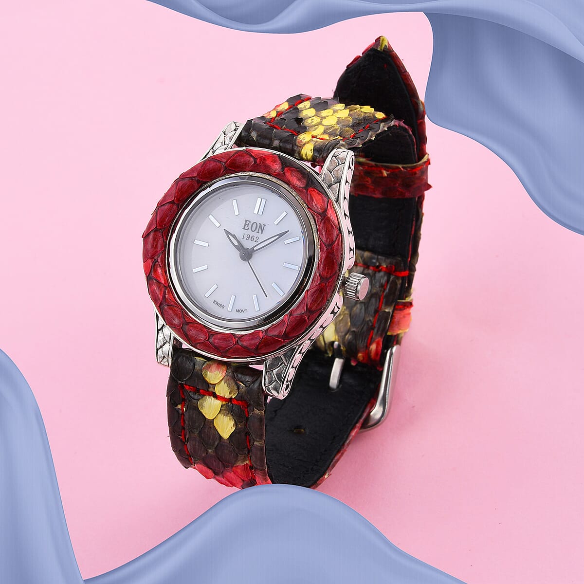 Bali Legacy Eon 1962 Swiss Movement Sterling Silver Watch with Red and Yellow 100% Genuine Python Leather Strap , Leather Watch , Women Watch , Quartz Watch , Ladies Watch image number 1