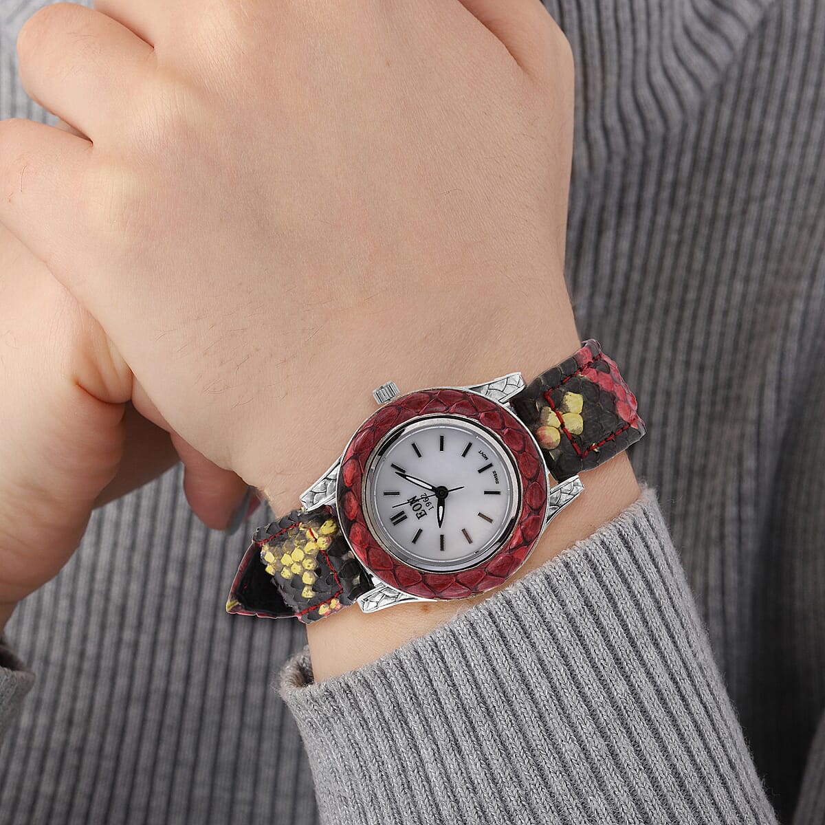 Bali Legacy Eon 1962 Swiss Movement Sterling Silver Watch with Red and Yellow 100% Genuine Python Leather Strap , Leather Watch , Women Watch , Quartz Watch , Ladies Watch image number 2