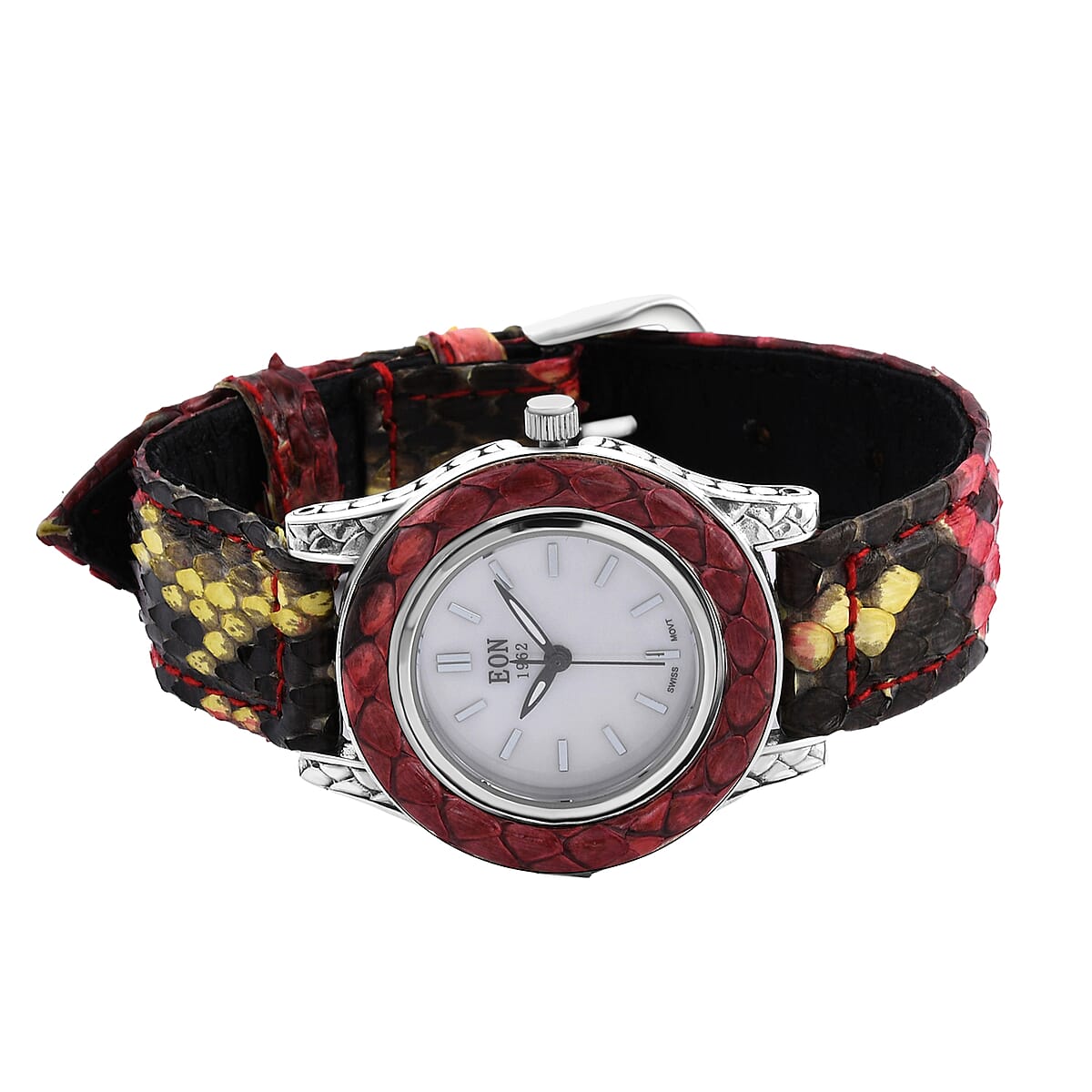 Bali Legacy Eon 1962 Swiss Movement Sterling Silver Watch with Red and Yellow 100% Genuine Python Leather Strap , Leather Watch , Women Watch , Quartz Watch , Ladies Watch image number 3