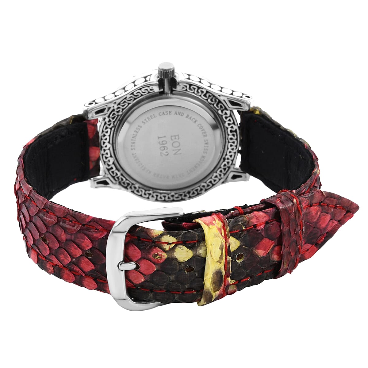 Bali Legacy Eon 1962 Swiss Movement Sterling Silver Watch with Red and Yellow 100% Genuine Python Leather Strap , Leather Watch , Women Watch , Quartz Watch , Ladies Watch image number 4