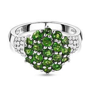 Chrome Diopside and White Zircon 1.73 ctw Cluster Ring in Platinum Over Sterling Silver (Size 5.5)