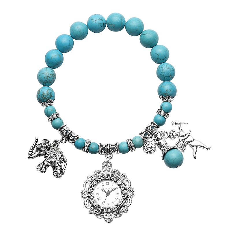 Strada Blue Howlite Beaded, Crystal Japanese Movement Stretch Bracelet Watch with Elephant and Fairy Charm in Silvertone (7-7.50 In) 30.00 ctw