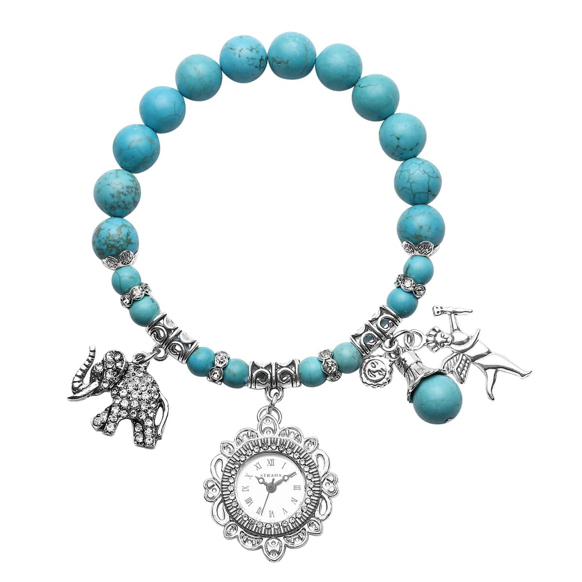 Strada Blue Howlite Beaded, Crystal Japanese Movement Stretch Bracelet Watch with Elephant and Fairy Charm in Silvertone (7-7.50 In) 30.00 ctw image number 0