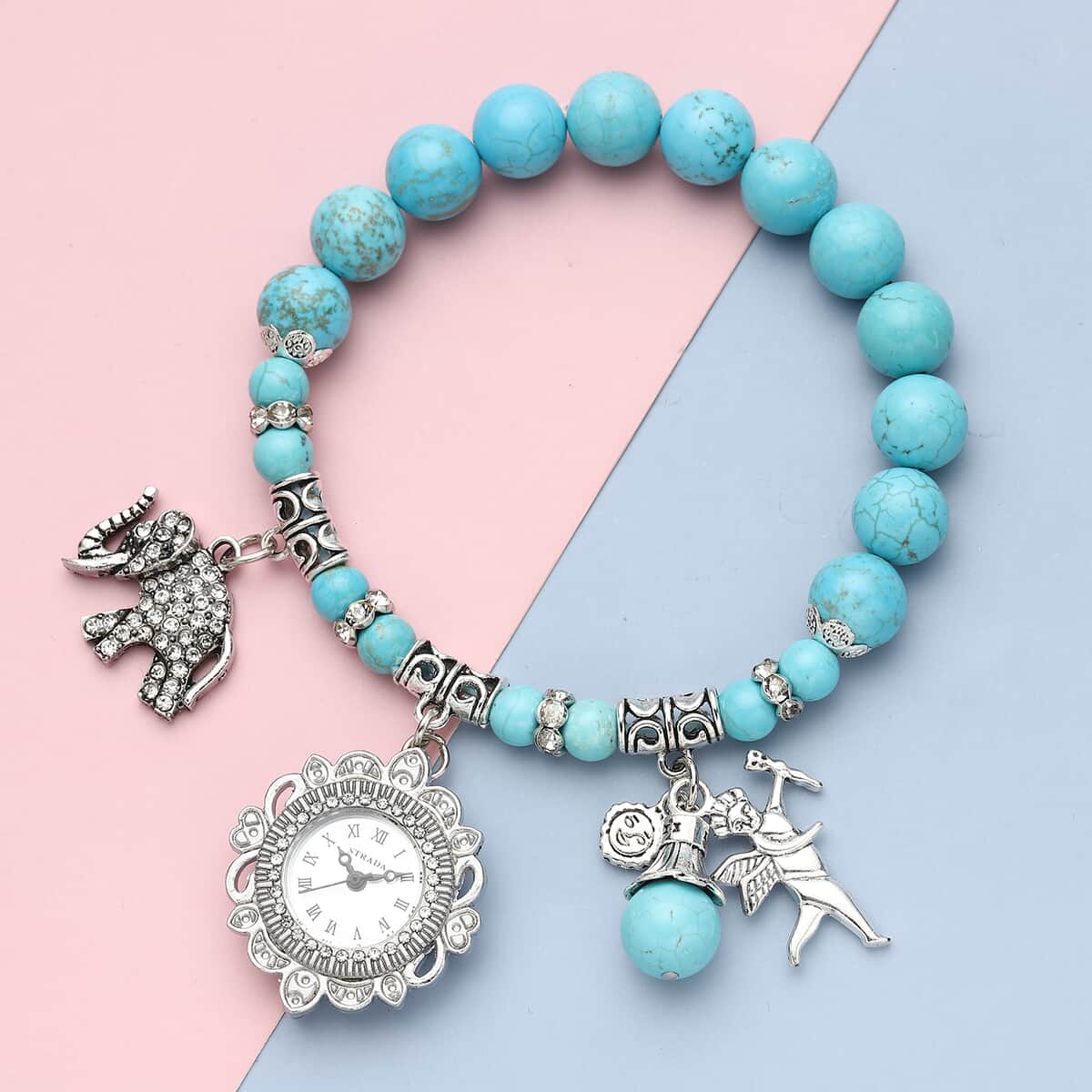 Strada Blue Howlite Beaded, Crystal Japanese Movement Stretch Bracelet Watch with Elephant and Fairy Charm in Silvertone (7-7.50 In) 30.00 ctw image number 1