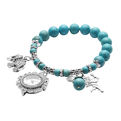 Strada Blue Howlite Beaded, Crystal Japanese Movement Stretch Bracelet Watch with Elephant and Fairy Charm in Silvertone (7-7.50 In) 30.00 ctw