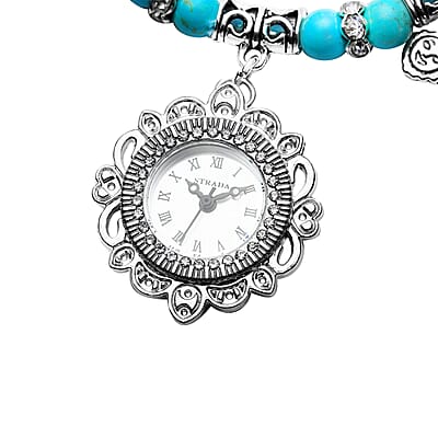 Strada Blue Howlite Beaded, Crystal Japanese Movement Stretch Bracelet Watch with Elephant and Fairy Charm in Silvertone (7-7.50 In) 30.00 ctw