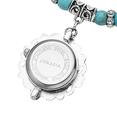 Strada Blue Howlite Beaded, Crystal Japanese Movement Stretch Bracelet Watch with Elephant and Fairy Charm in Silvertone (7-7.50 In) 30.00 ctw
