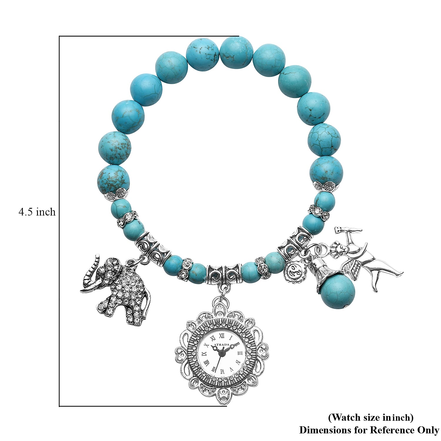 Strada Blue Howlite Beaded, Crystal Japanese Movement Stretch Bracelet Watch with Elephant and Fairy Charm in Silvertone (7-7.50 In) 30.00 ctw
