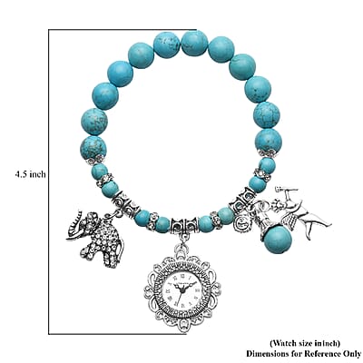 Strada Blue Howlite Beaded, Crystal Japanese Movement Stretch Bracelet Watch with Elephant and Fairy Charm in Silvertone (7-7.50 In) 30.00 ctw