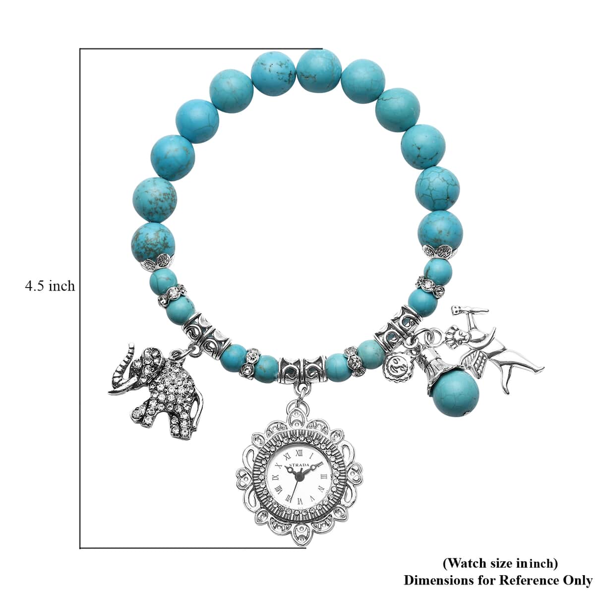 Strada Blue Howlite Beaded, Crystal Japanese Movement Stretch Bracelet Watch with Elephant and Fairy Charm in Silvertone (7-7.50 In) 30.00 ctw image number 5