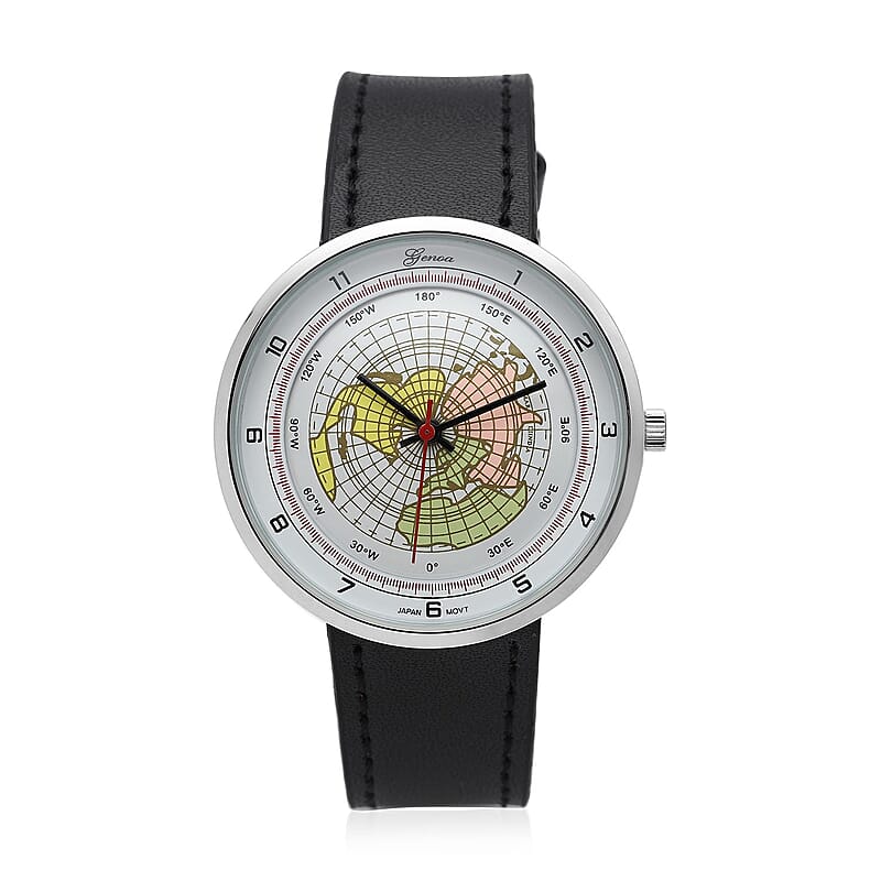 Genoa Miyota Japanese Movement Arched Shape 3D Earth Pattern Dial Watch with Black Leather Strap (40mm) (7.50-8.25Inches)