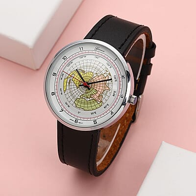 Genoa Miyota Japanese Movement Arched Shape 3D Earth Pattern Dial Watch with Black Leather Strap (40mm) (7.50-8.25Inches)