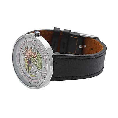 Genoa Miyota Japanese Movement Arched Shape 3D Earth Pattern Dial Watch with Black Leather Strap (40mm) (7.50-8.25Inches)