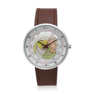 Genoa Miyota Japanese Movement Arched Shape 3D Earth Pattern Dial Watch with Brown Leather Strap (40mm) (7.50-8.25Inches)
