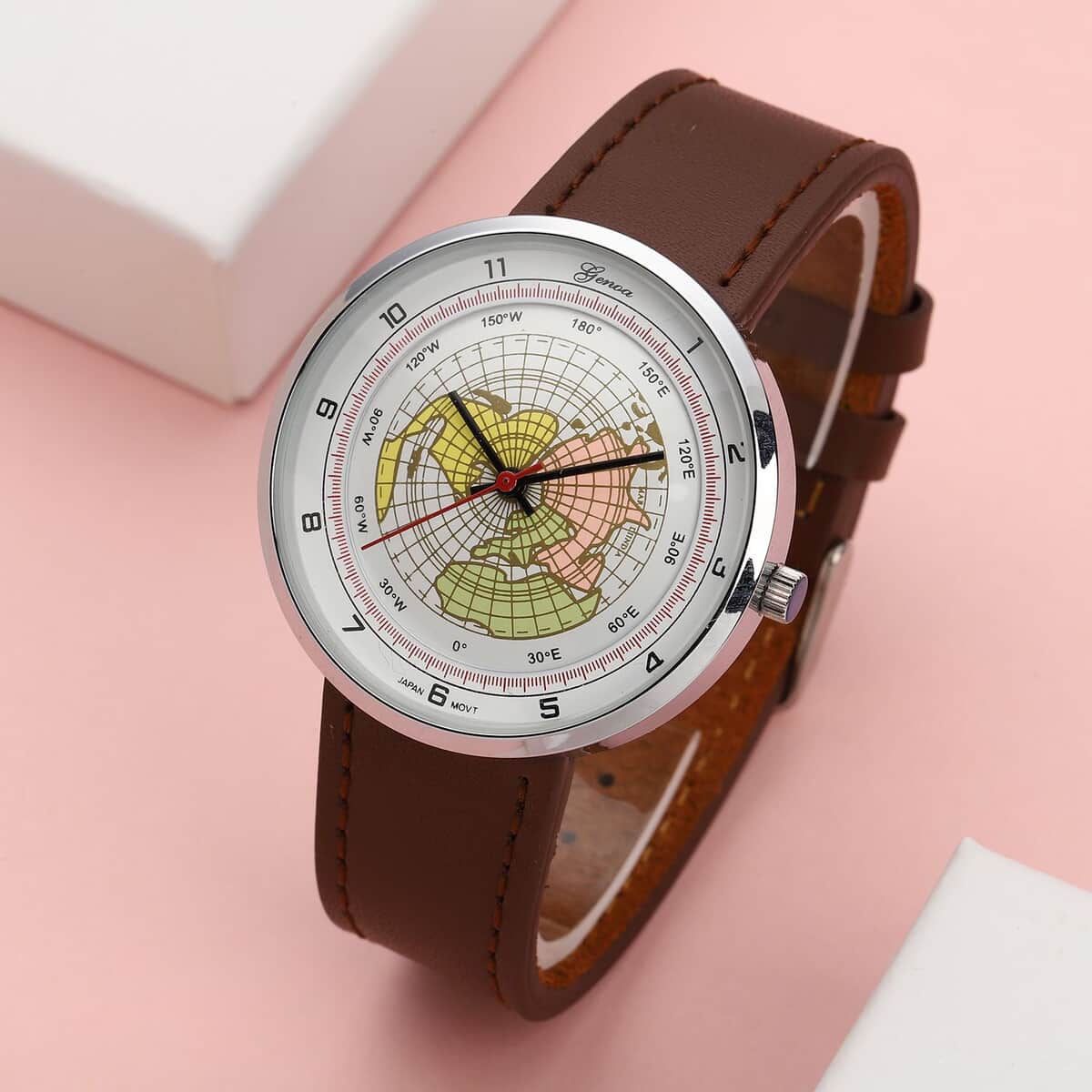 Genoa Miyota Japanese Movement Arched Shape 3D Earth Pattern Dial Watch with Brown Leather Strap (40mm) (7.50-8.25Inches) image number 1
