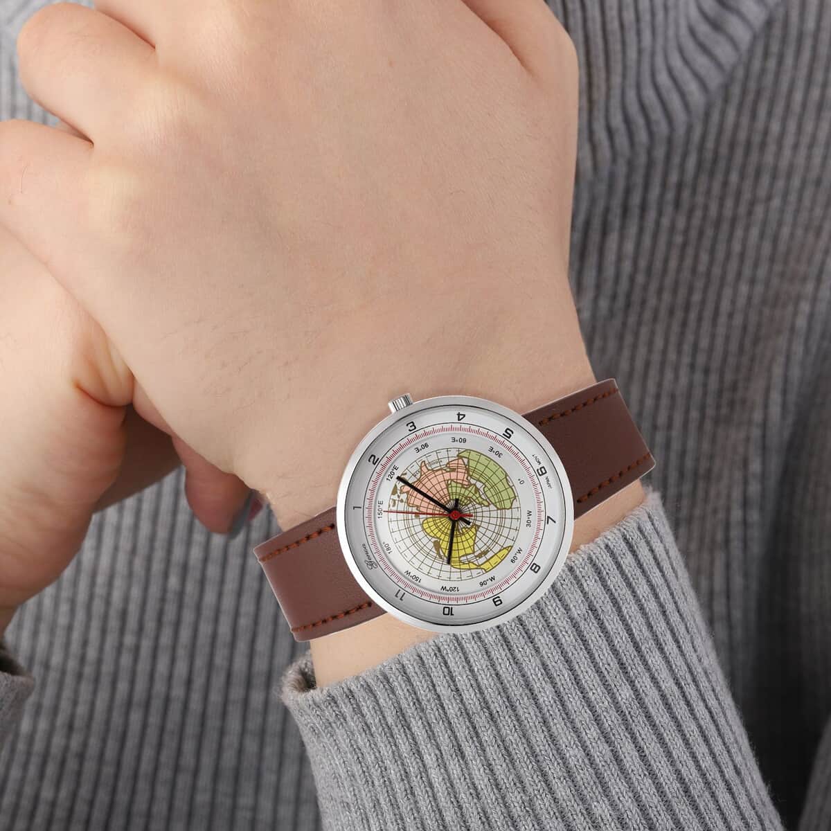 Genoa Miyota Japanese Movement Arched Shape 3D Earth Pattern Dial Watch with Brown Leather Strap (40mm) (7.50-8.25Inches) image number 2