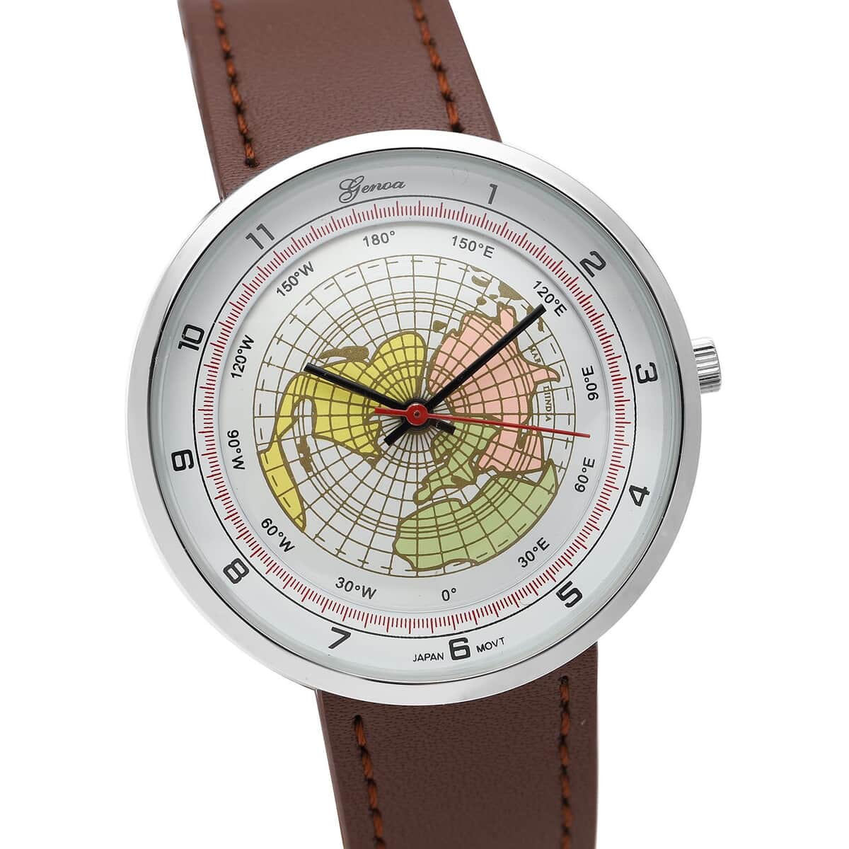 Genoa Miyota Japanese Movement Arched Shape 3D Earth Pattern Dial Watch with Brown Leather Strap (40mm) (7.50-8.25Inches) image number 3