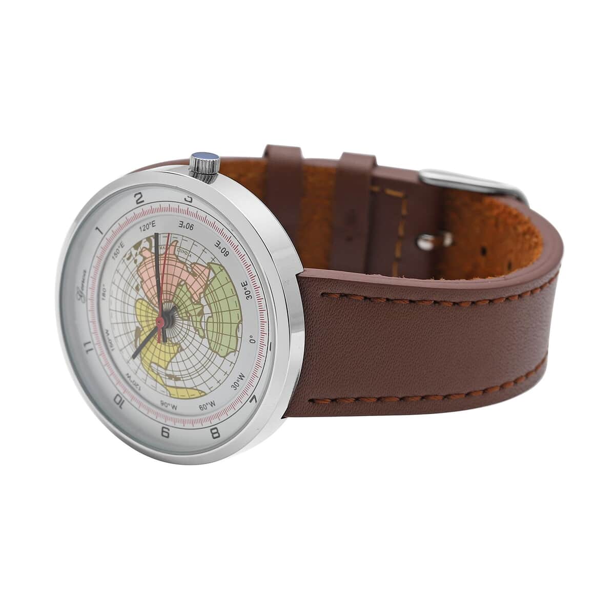 Genoa Miyota Japanese Movement Arched Shape 3D Earth Pattern Dial Watch with Brown Leather Strap (40mm) (7.50-8.25Inches) image number 4