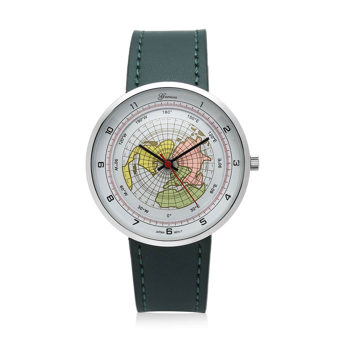 Genoa Miyota Japanese Movement Arched Shape 3D Earth Pattern Dial Watch with Dark Green Leather Strap (40mm) (7.50-8.25Inches) image number 0