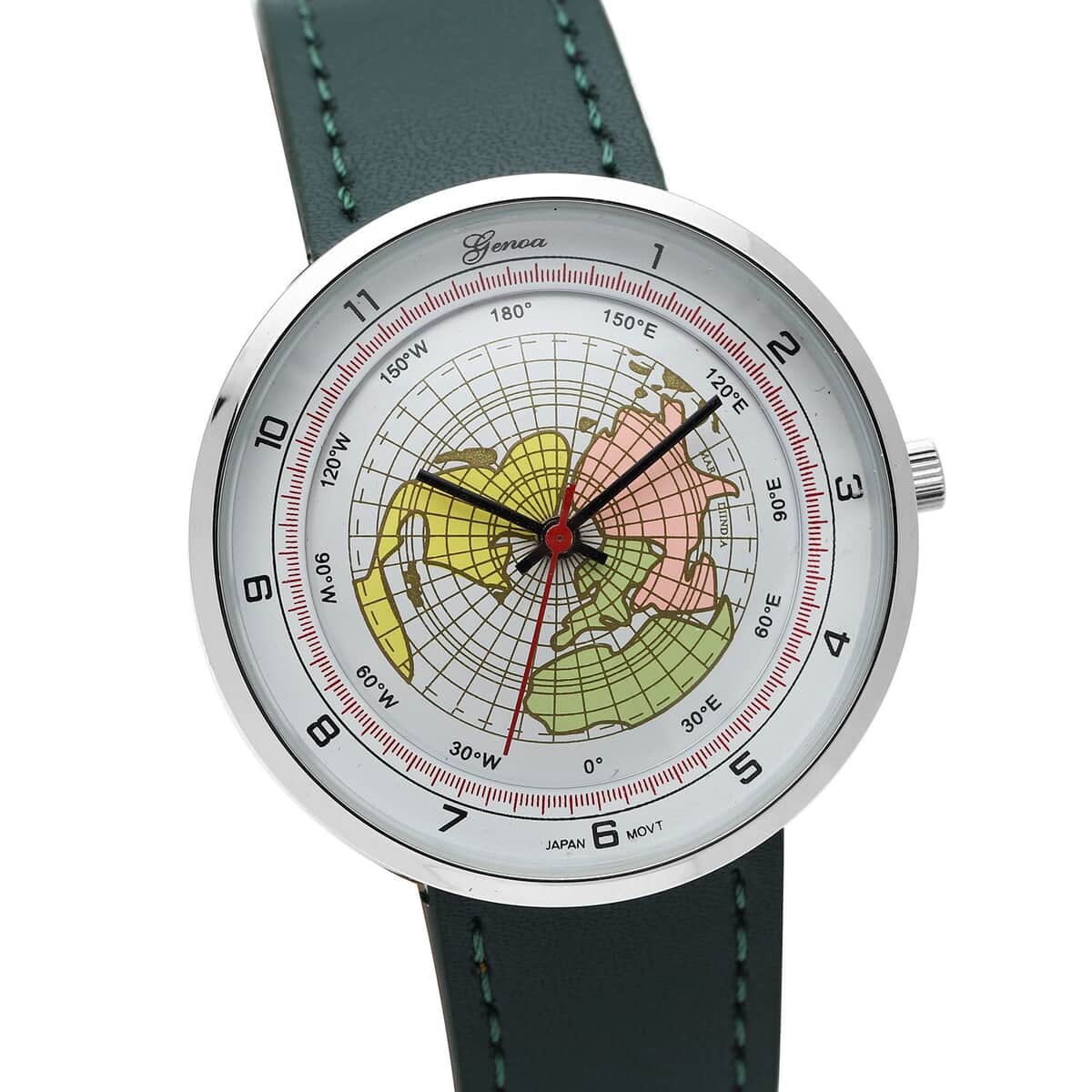 Genoa Miyota Japanese Movement Arched Shape 3D Earth Pattern Dial Watch with Dark Green Leather Strap (40mm) (7.50-8.25Inches) image number 3