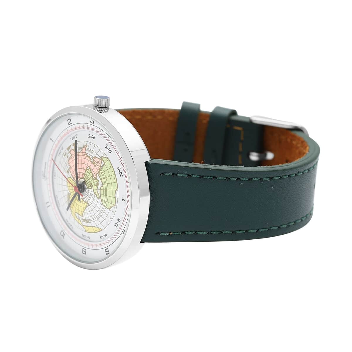 Genoa Miyota Japanese Movement Arched Shape 3D Earth Pattern Dial Watch with Dark Green Leather Strap (40mm) (7.50-8.25Inches) image number 4