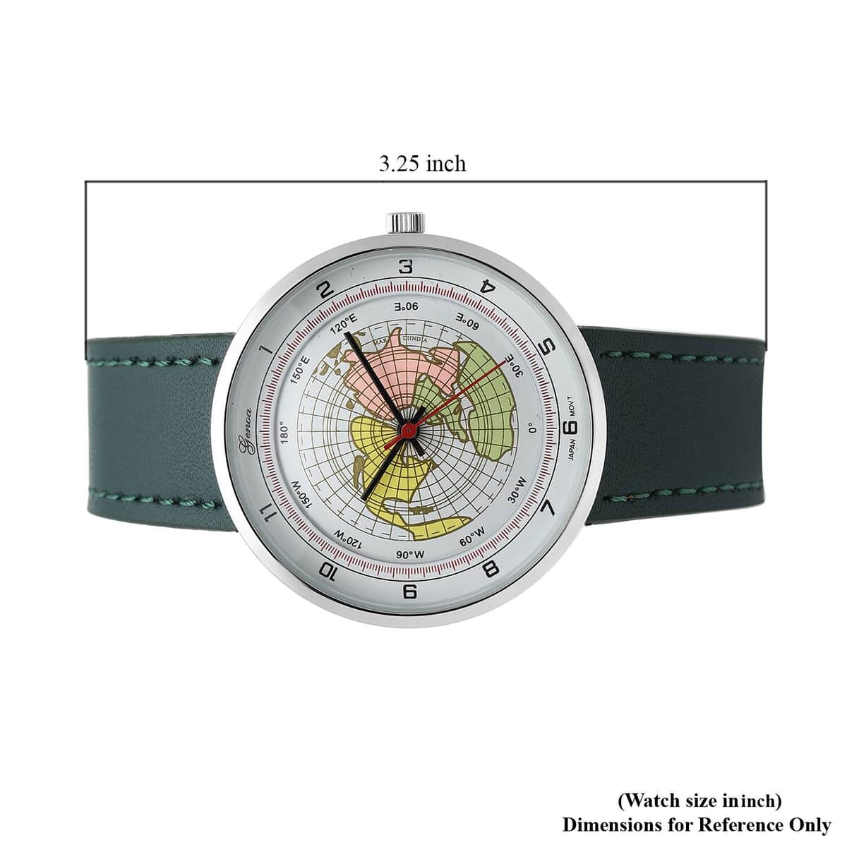 Genoa Miyota Japanese Movement Arched Shape 3D Earth Pattern Dial Watch with Dark Green Leather Strap (40mm) (7.50-8.25Inches) image number 6