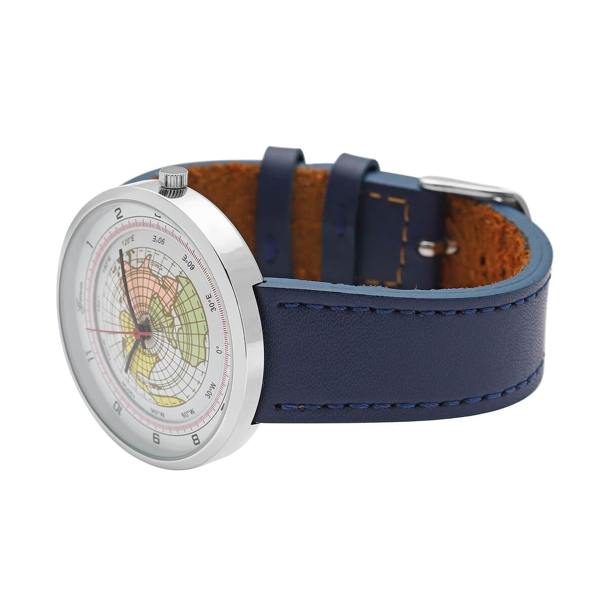 Genoa Miyota Japanese Movement Arched Shape 3D Earth Pattern Dial Watch with Dark Blue Leather Strap (40mm) (7.50-8.25Inches) image number 4