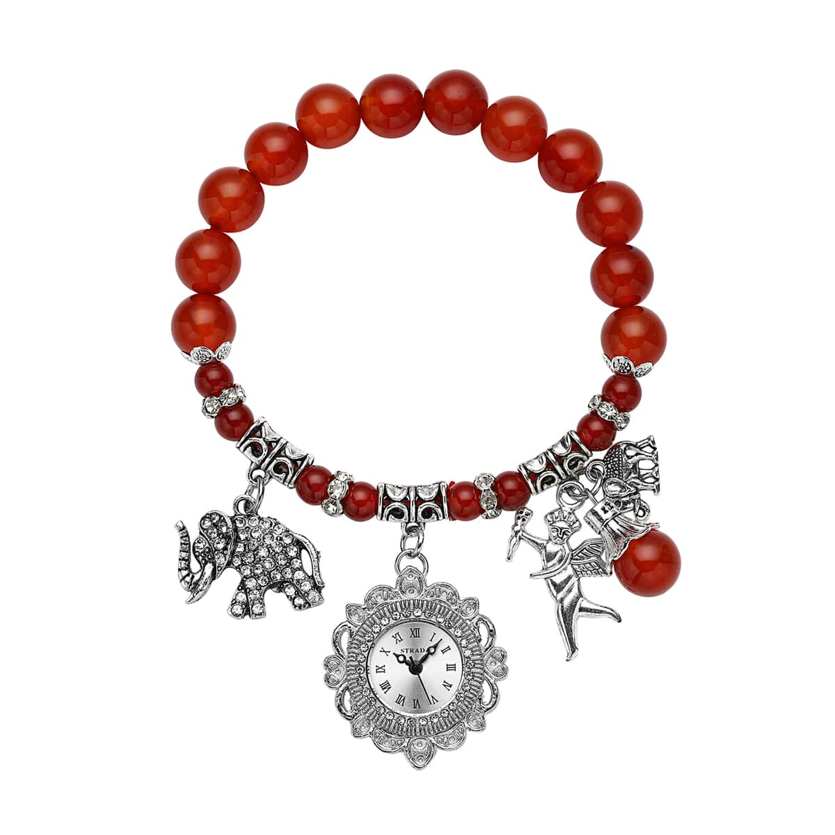 Strada Red Agate Beaded and Crystal Japanese Movement Stretch Bracelet Watch with Elephant and Fairy Charm in Silvertone (7-7.50 In) 30.00 ctw image number 0