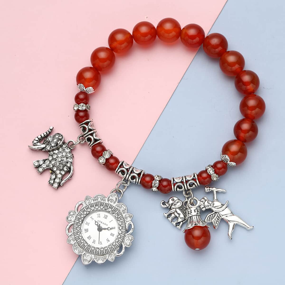 Strada Red Agate Beaded and Crystal Japanese Movement Stretch Bracelet Watch with Elephant and Fairy Charm in Silvertone (7-7.50 In) 30.00 ctw image number 1