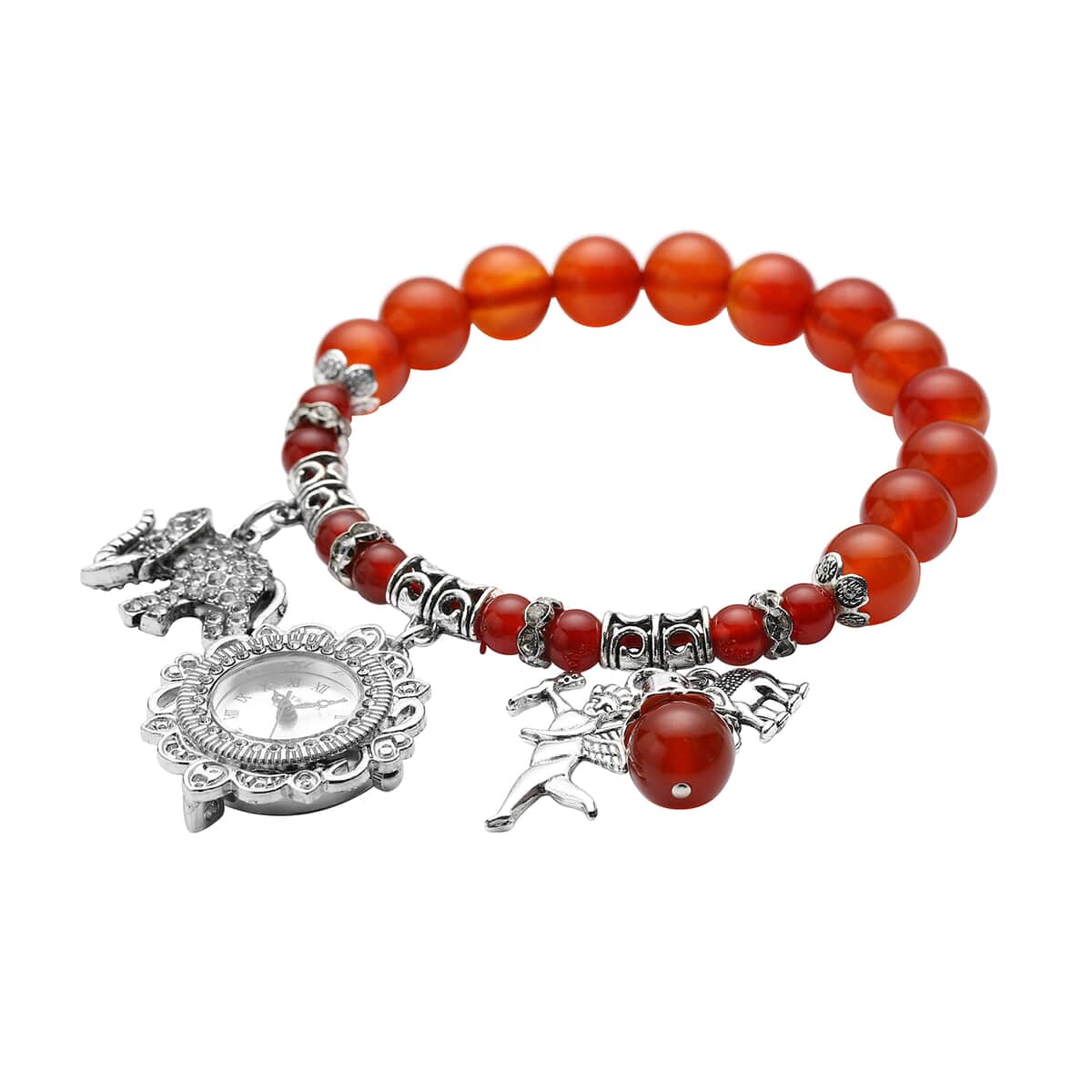 Strada Red Agate Beaded and Crystal Japanese Movement Stretch Bracelet Watch with Elephant and Fairy Charm in Silvertone (7-7.50 In) 30.00 ctw image number 2