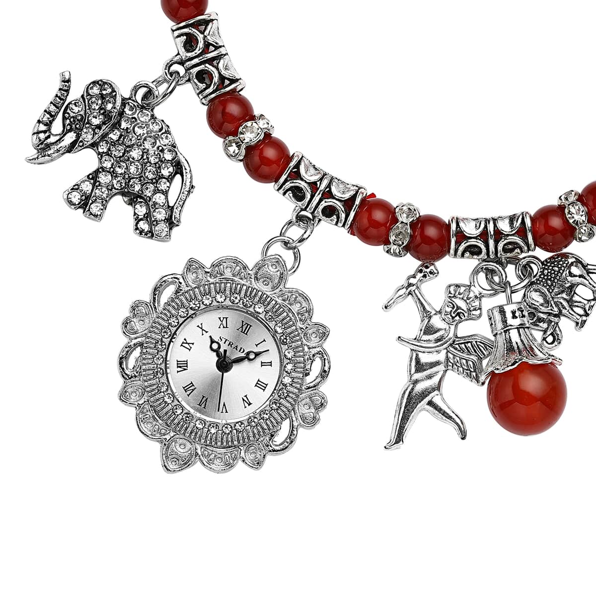 Strada Red Agate Beaded and Crystal Japanese Movement Stretch Bracelet Watch with Elephant and Fairy Charm in Silvertone (7-7.50 In) 30.00 ctw image number 3